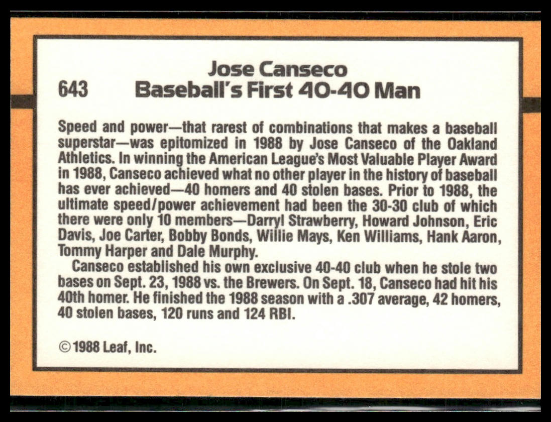 Jose Canseco #643 1989 Donruss Oakland Athletics