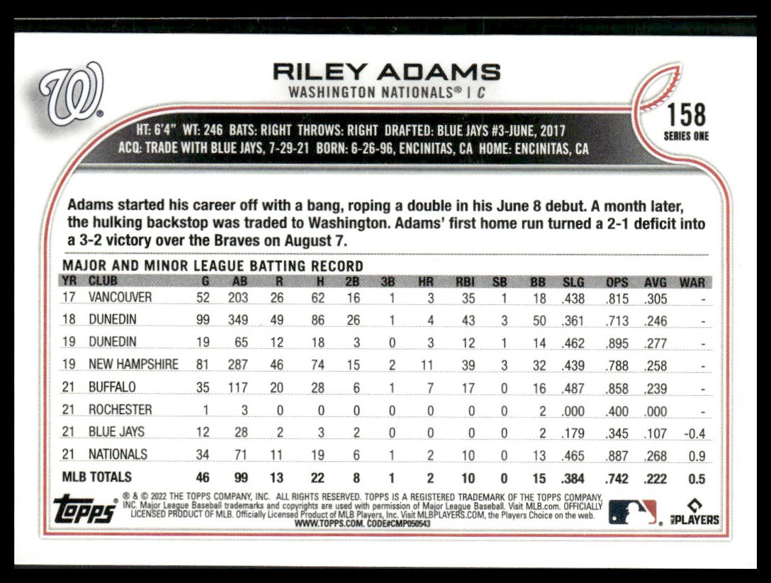 Riley Adams #158 Rookie 2022 Topps Washington Nationals
