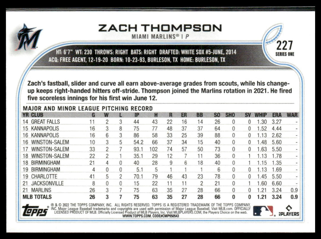 Zach Thompson #227 Rookie 2022 Topps Miami Marlins