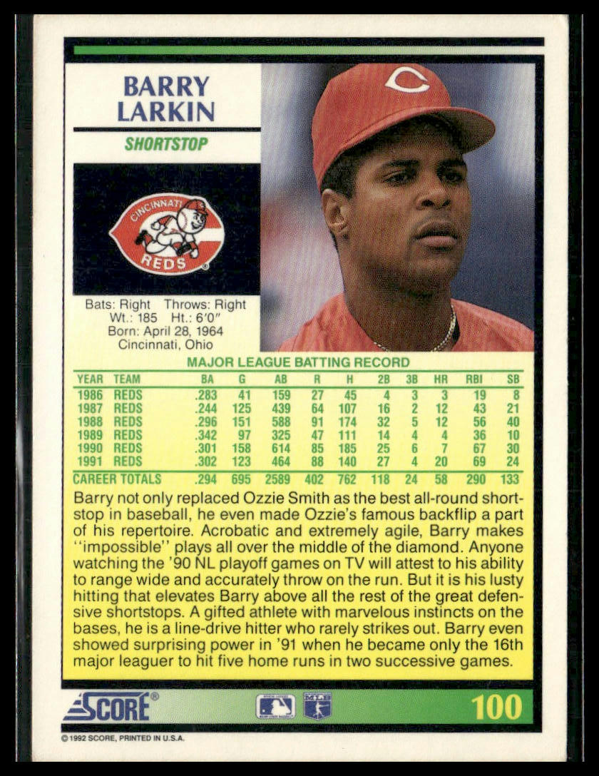 Barry Larkin #100 1992 Score Cincinnati Reds