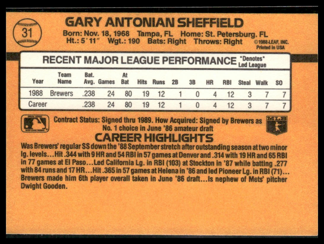 Gary Sheffield #31 Rookie 1989 Donruss Milwaukee Brewers