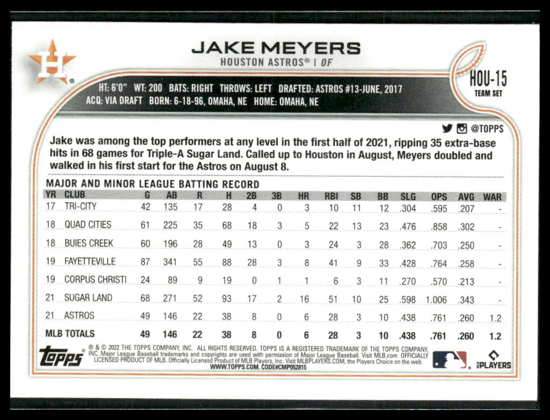 Jake Meyers #295 Rookie 2022 Topps Houston Astros