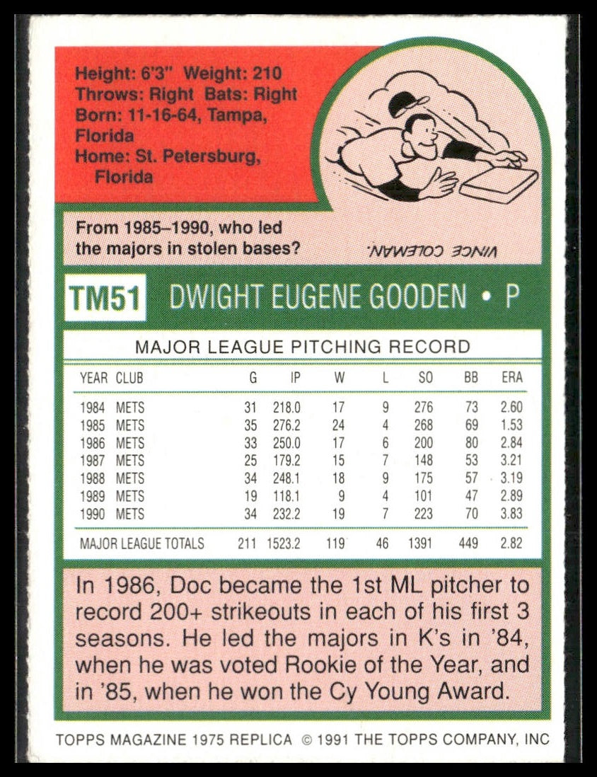 Dwight Gooden #TM51 1991 Topps Magazine New York Mets 1975 Replica