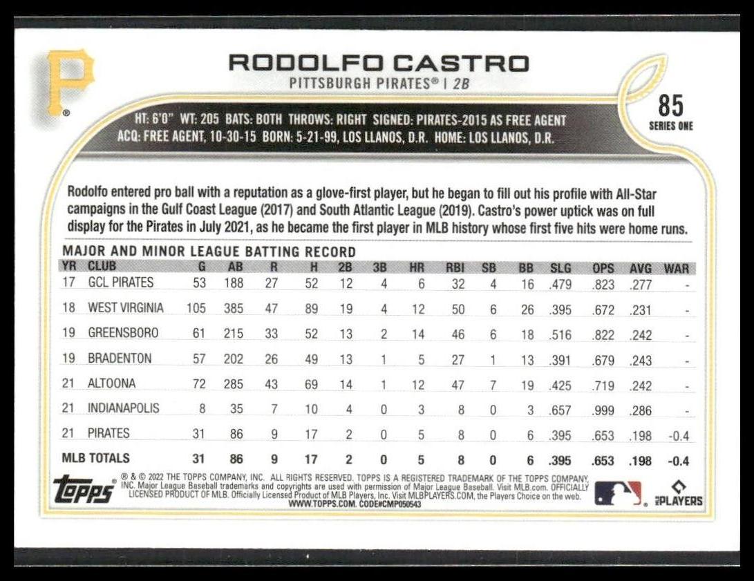 Rodolfo Castro #85 Rookie 2022 Topps Pittsburgh Pirates