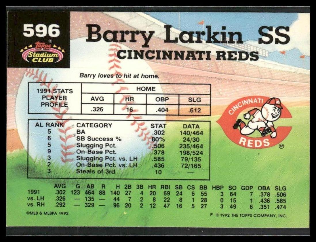 Barry Larkin #596 1992 Stadium Club Cincinnati Reds