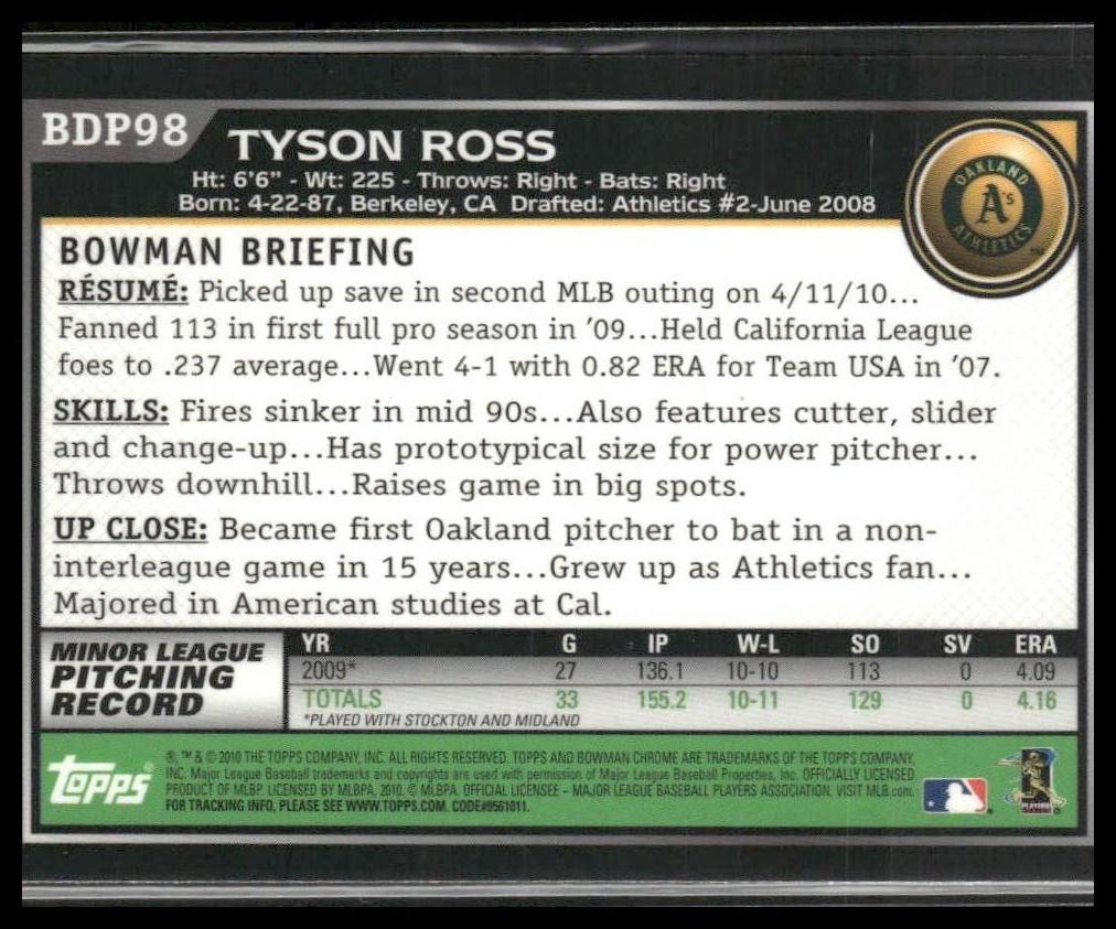 Tyson Ross #BDP98 Rookie 2010 Bowman Draft Picks Chrome Oakland Athletics