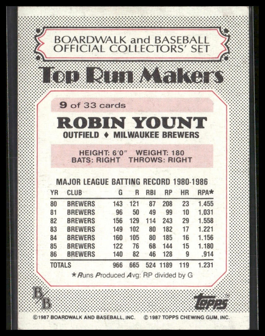 Robin Yount #9 1987 Topps Boardwalk and Baseball Milwaukee Brewers