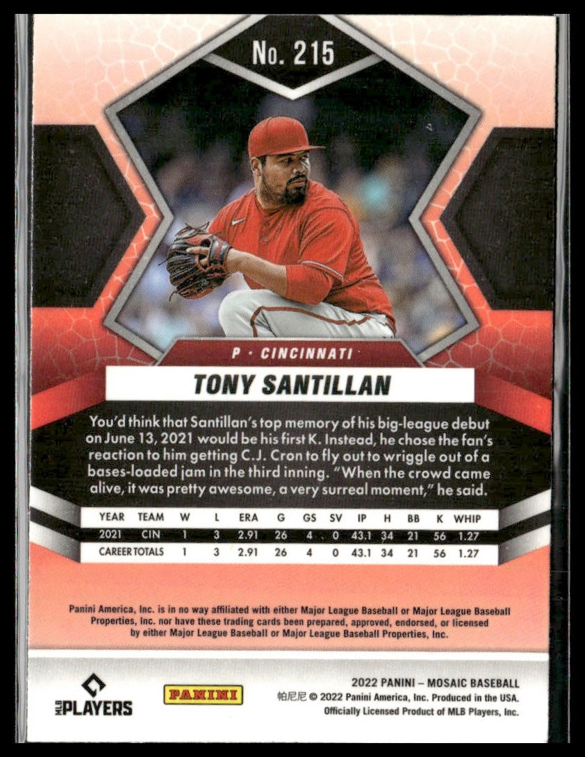 Tony Santillan #215 Rookie 2022 Panini Mosaic Cincinnati Reds