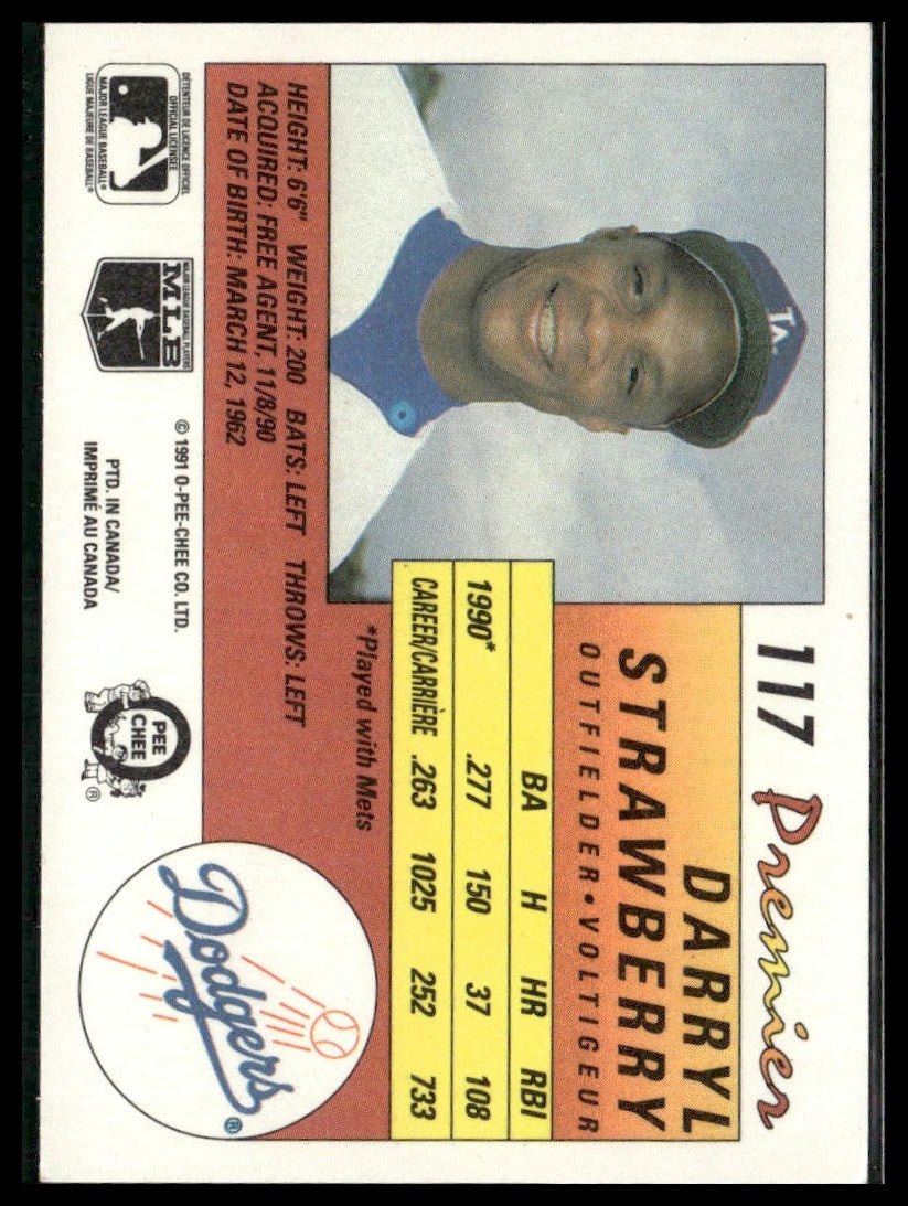 Darryl Strawberry #117 1991 O-Pee-Chee Premier Los Angeles Dodgers