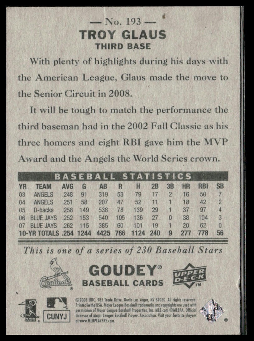 Troy Glaus #193 2008 Upper Deck Goudey St. Louis Cardinals