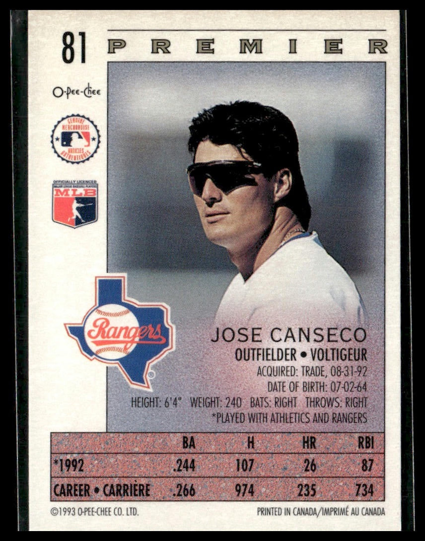 Jose Canseco #81 1993 O-Pee-Chee Premier Texas Rangers