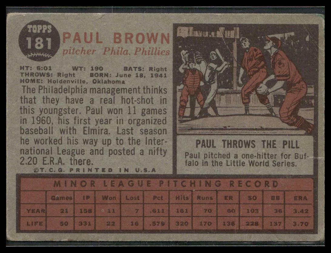 Paul Brown #181 Rookie 1962 Topps Philadelphia Phillies