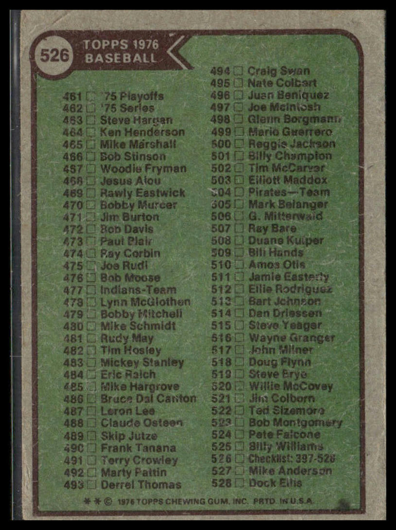 Checklist: 397-528 #526 1976 Topps