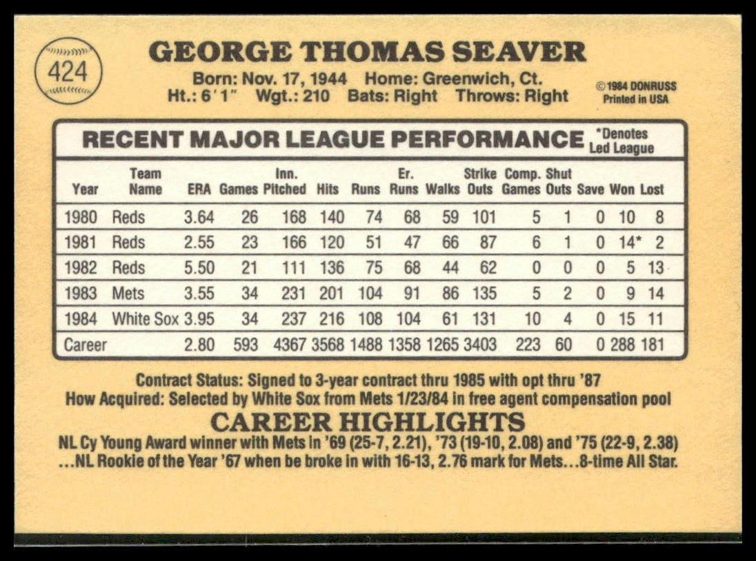 Tom Seaver #424 1985 Donruss Chicago White Sox