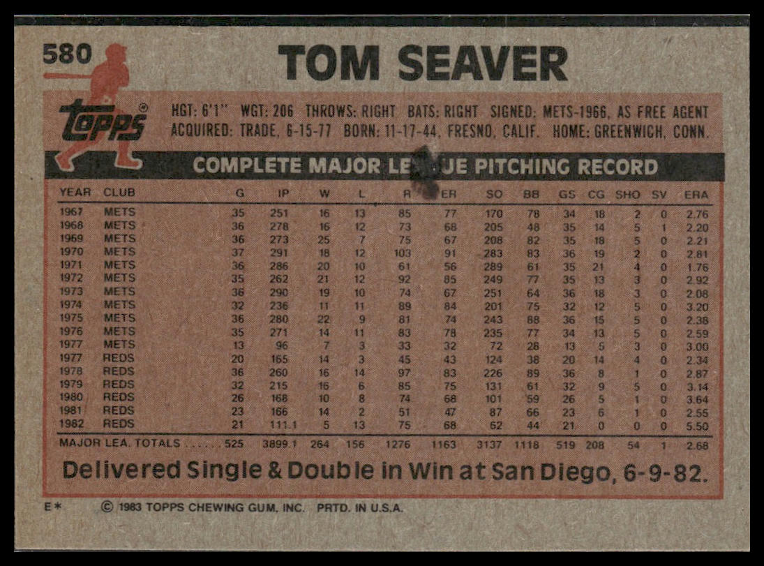 Tom Seaver #580 1983 Topps Cincinnati Reds