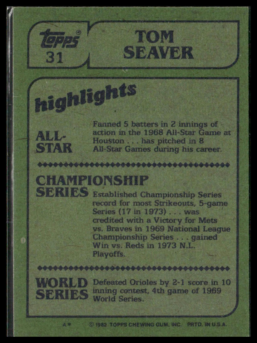 Tom Seaver #31 1982 Topps Cincinnati Reds