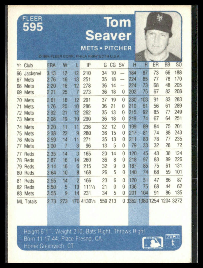 Tom Seaver #595 1984 Fleer New York Mets