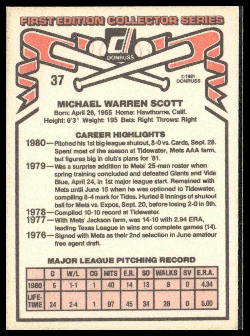 Mike Scott #37 1981 Donruss New York Mets