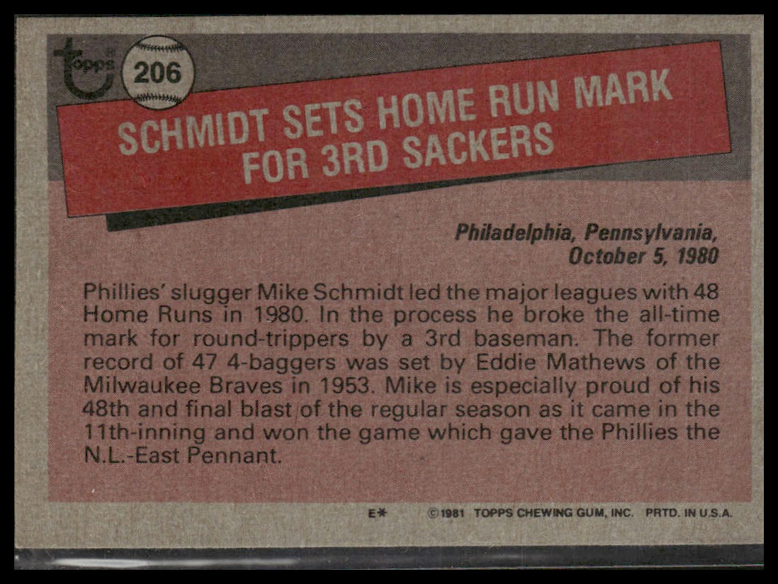 Mike Schmidt #206 1981 Topps Philadelphia Phillies