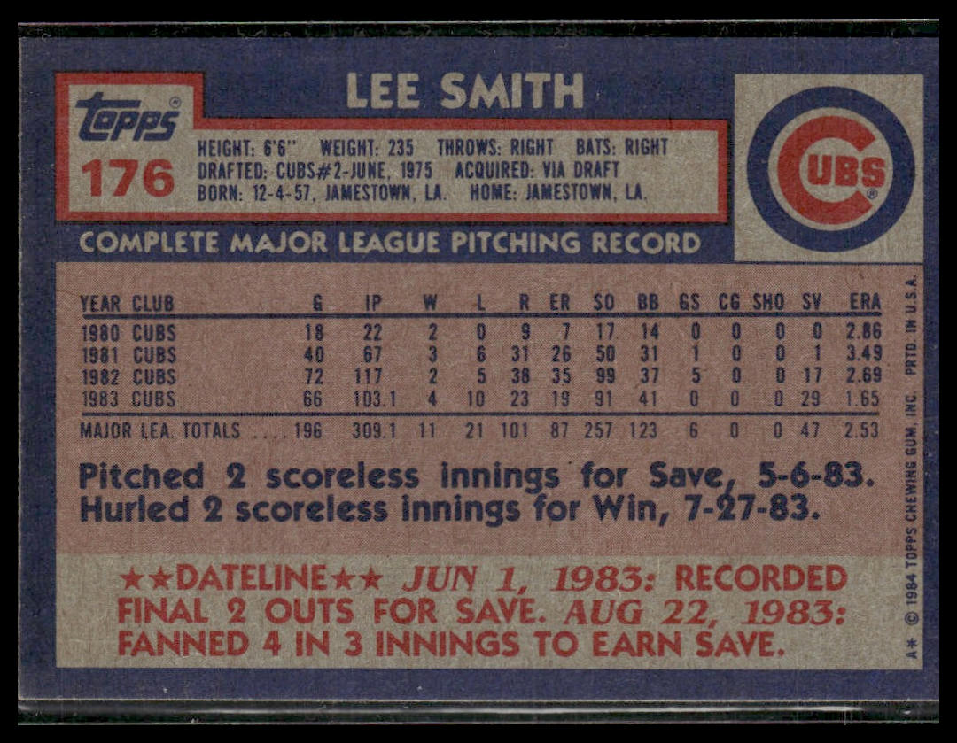 Lee Smith #176 1984 Topps Chicago Cubs
