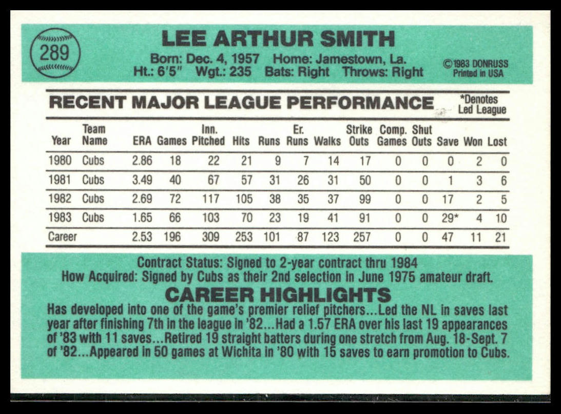 Lee Smith #289 1984 Donruss Chicago Cubs