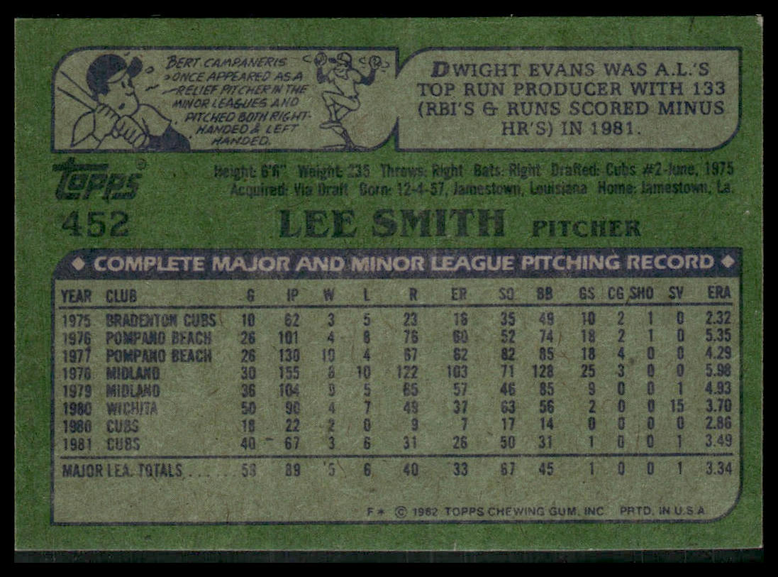Lee Smith #452 Rookie 1982 Topps Chicago Cubs