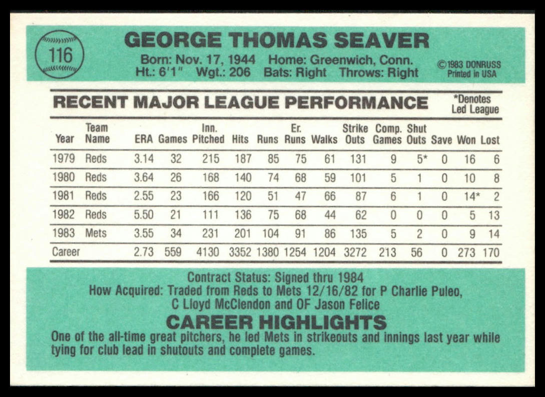 Tom Seaver #116 1984 Donruss New York Mets