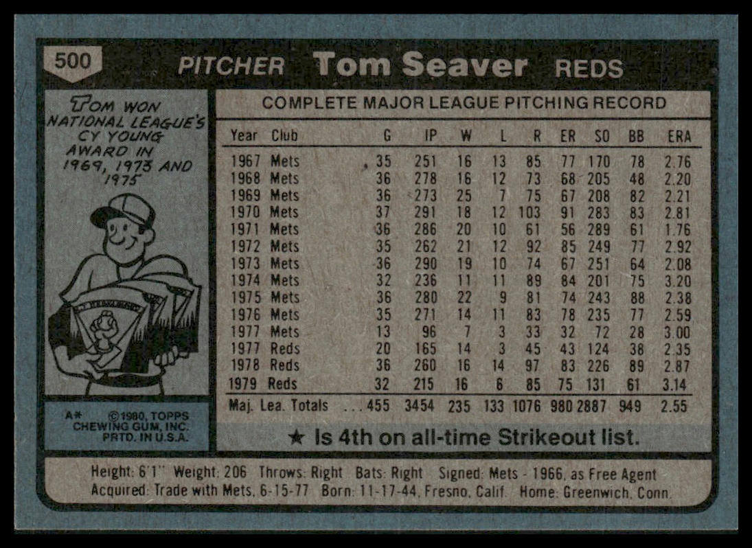Tom Seaver #500 1980 Topps Cincinnati Reds