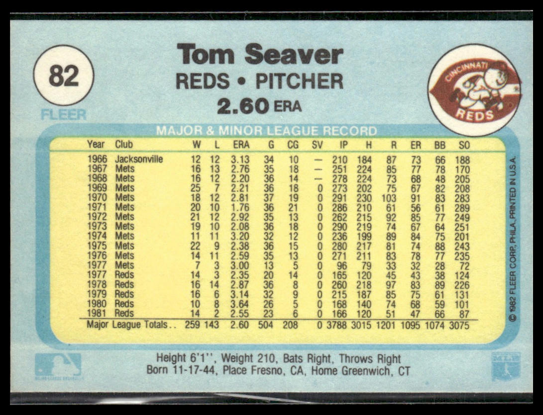 Tom Seaver #82 1982 Fleer Cincinnati Reds