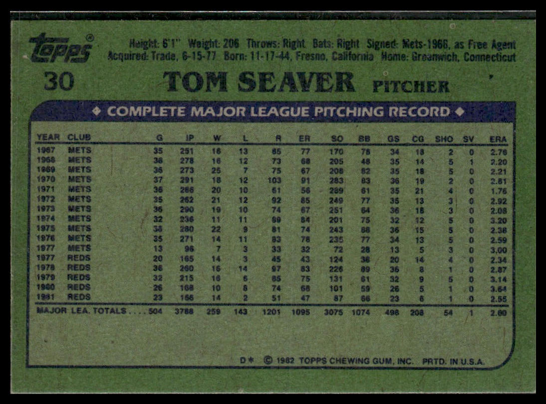 Tom Seaver #30 1982 Topps Cincinnati Reds