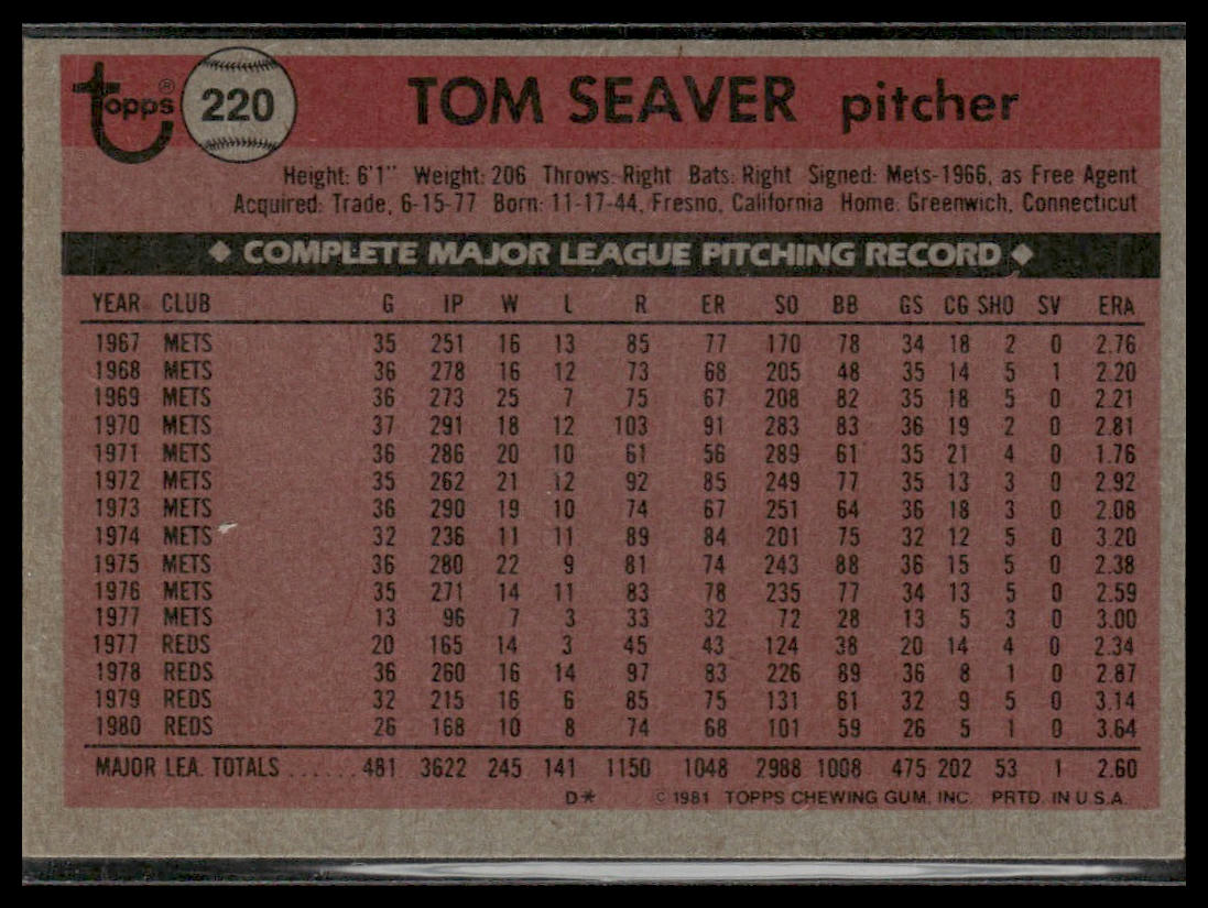 Tom Seaver #220 1981 Topps Cincinnati Reds