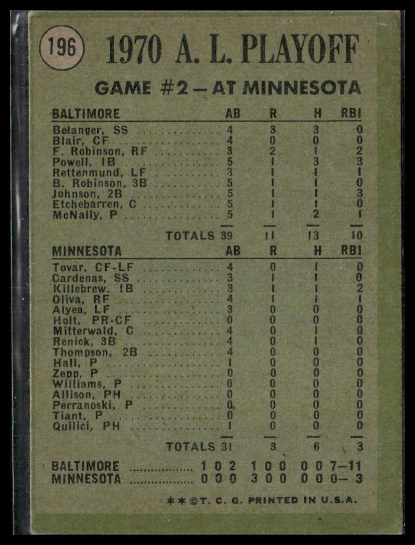 1970 AL Playoffs Game 2 McNally Two Straight! #196 1971 Topps Baltimore Orioles