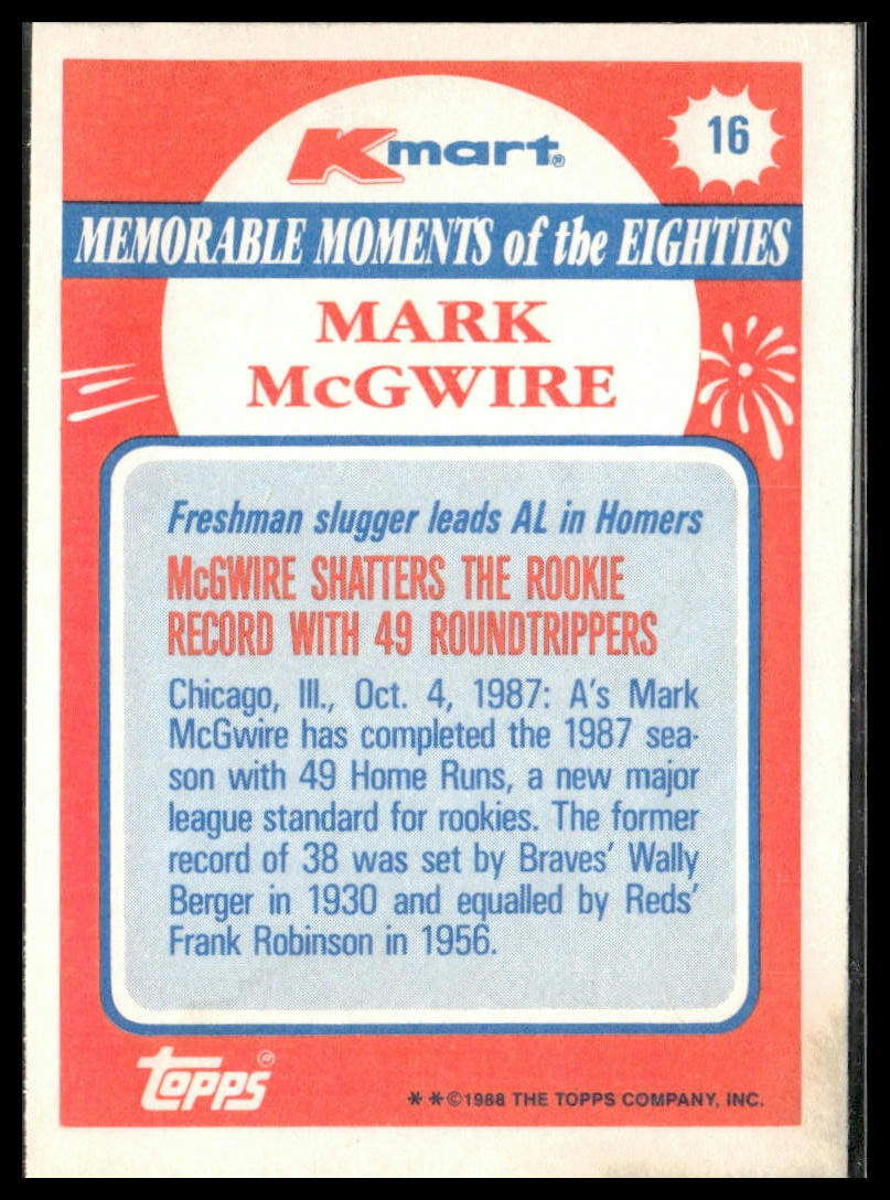 Mark McGwire #16 1988 Topps Kmart Memorable Moments Oakland Athletics