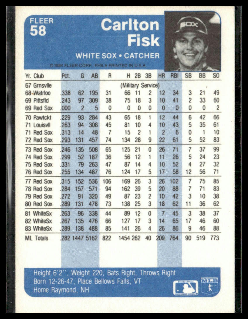 Carlton Fisk #58 1984 Fleer Chicago White Sox