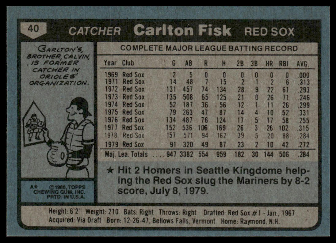 Carlton Fisk #40 1980 Topps Boston Red Sox