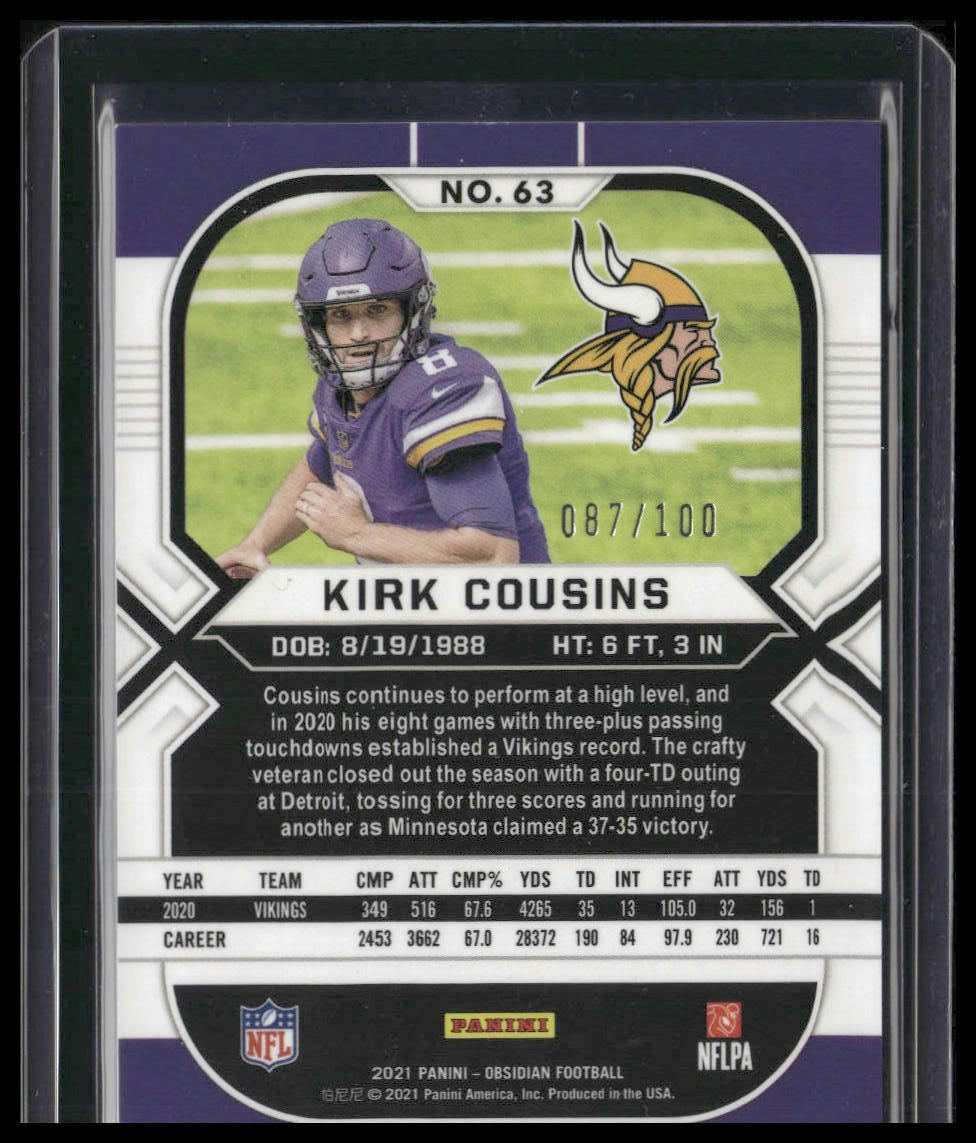 Kirk Cousins #63 2021 Panini Obsidian Electric Etch Purple #/100