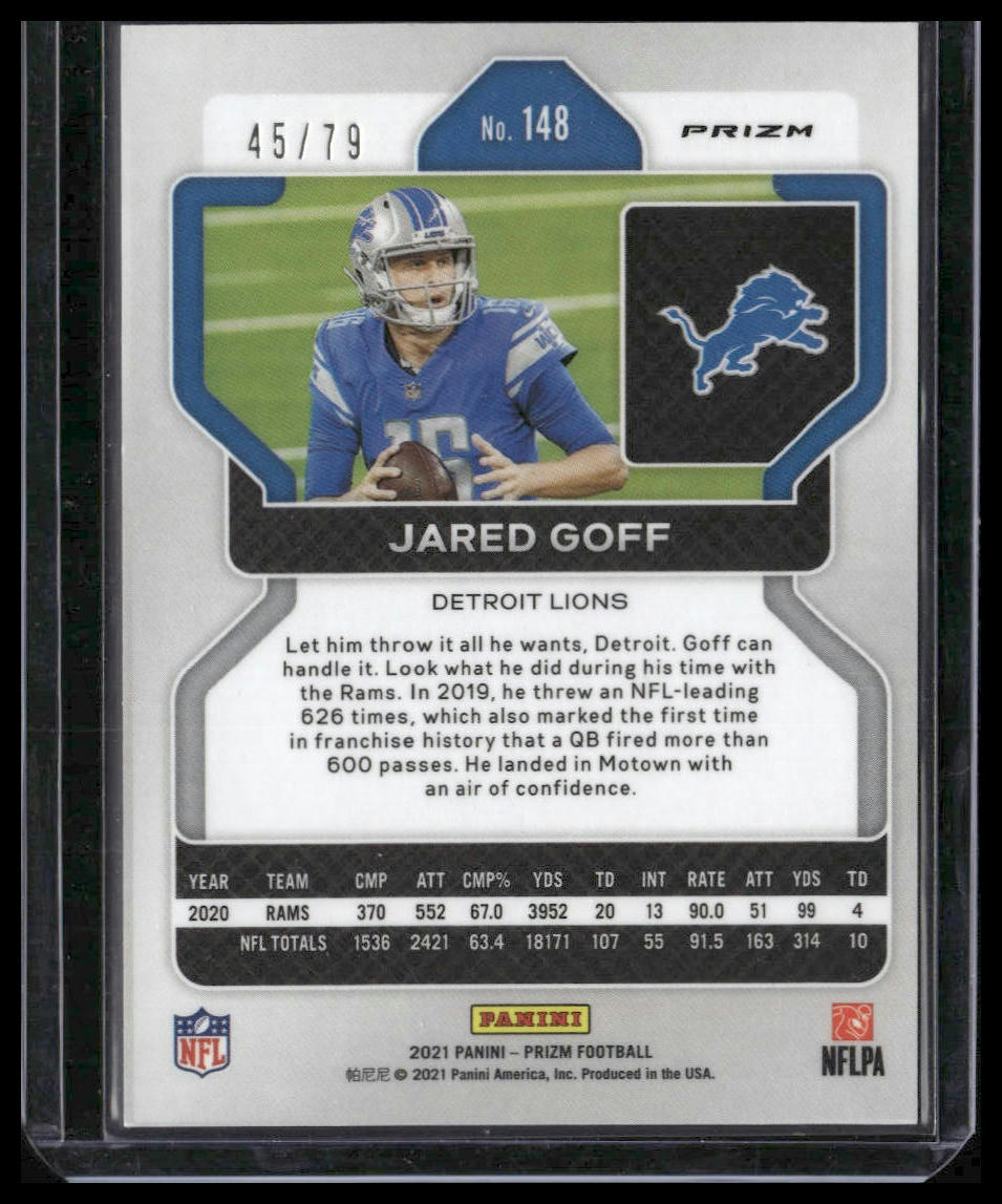 Jared Goff #148 2021 Panini Prizm No Huddle Blue #/79