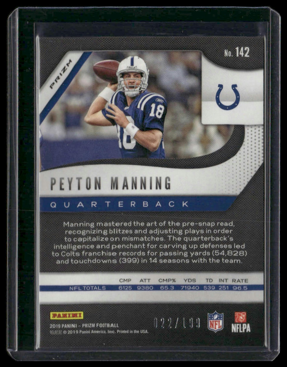 Peyton Manning #142 2019 Panini Prizm Blue Wave #/199 Indianapolis Colts