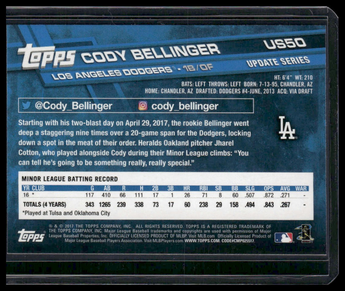 Cody Bellinger #US50 Rookie 2017 Topps Update Los Angeles Dodgers
