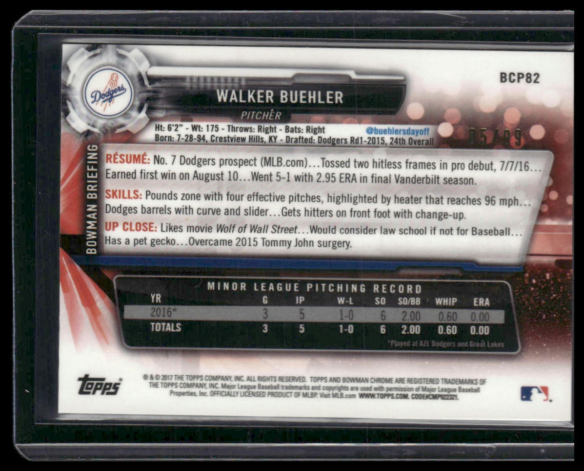 Walker Buehler #BCP82 2017 Bowman Chrome Prospects Green #/99 Dodgers