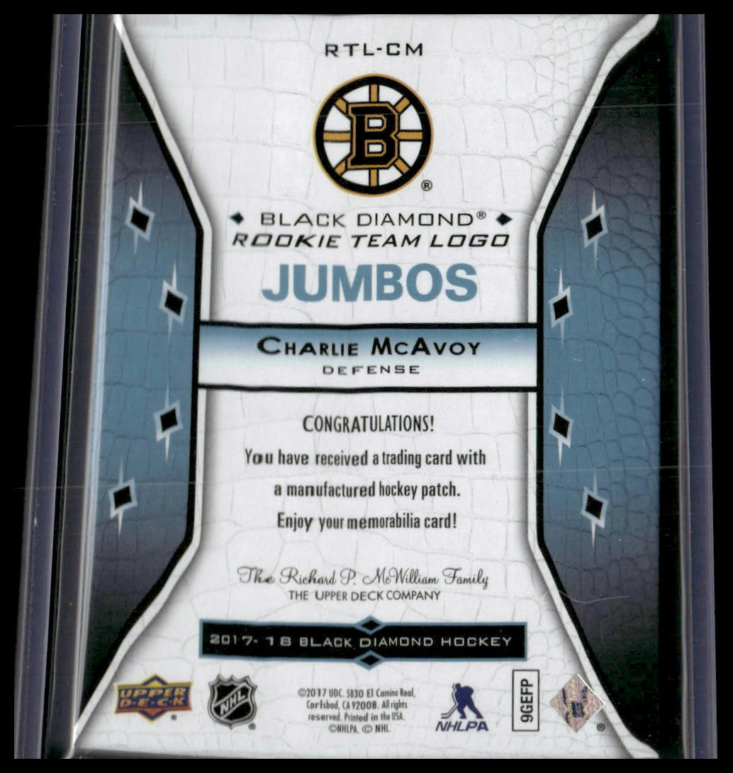Charlie McAvoy #RTL-CM Rookie 2017-18 UD Logo Jumbo Patch Boston Bruins