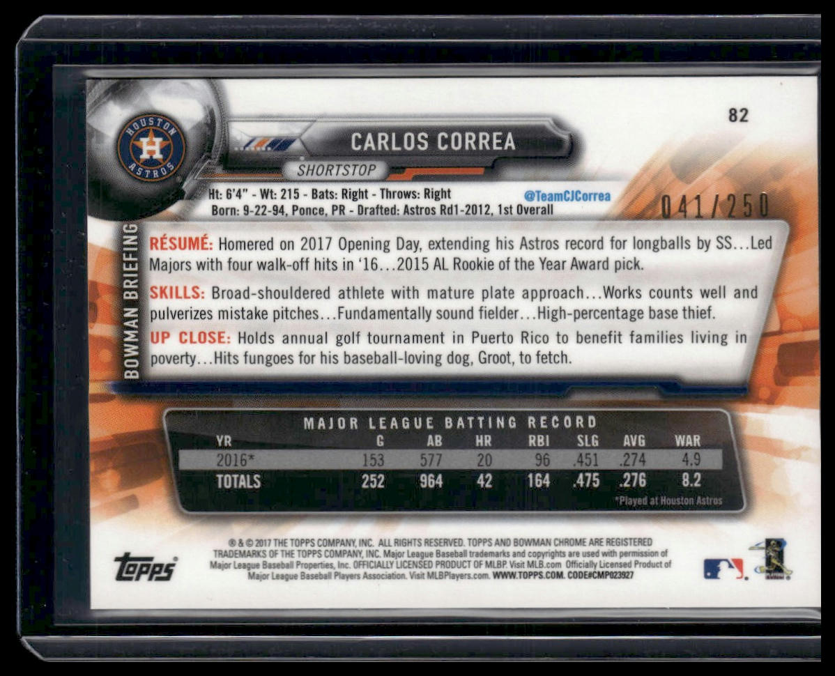 Carlos Correa #82 2017 Bowman Chrome Purple Refractor #/250 Houston Astros