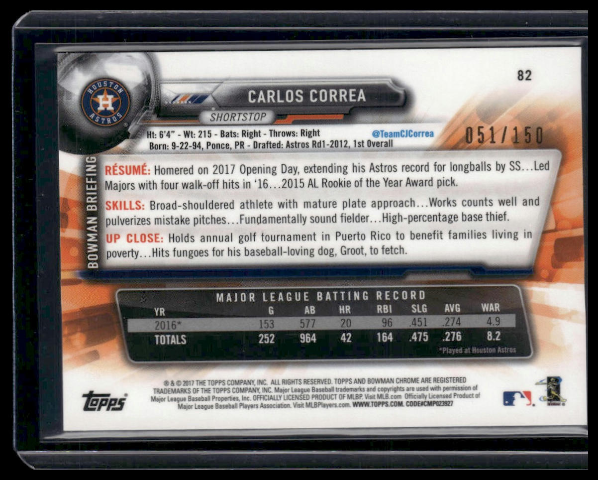 Carlos Correa #82 2017 Bowman Chrome Blue Refractor #/150 Houston Astros