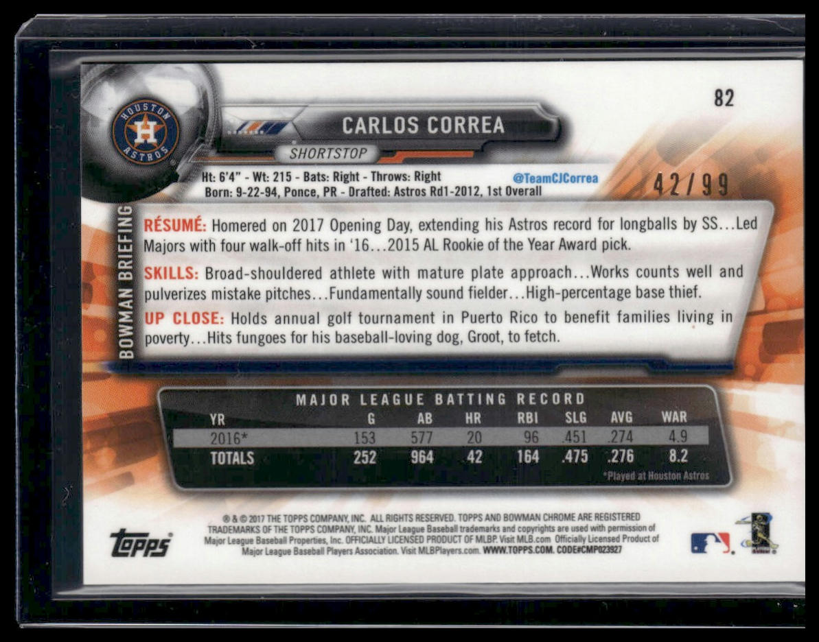 Carlos Correa #82 2017 Bowman Chrome Green Refractor #/99 Houston Astros