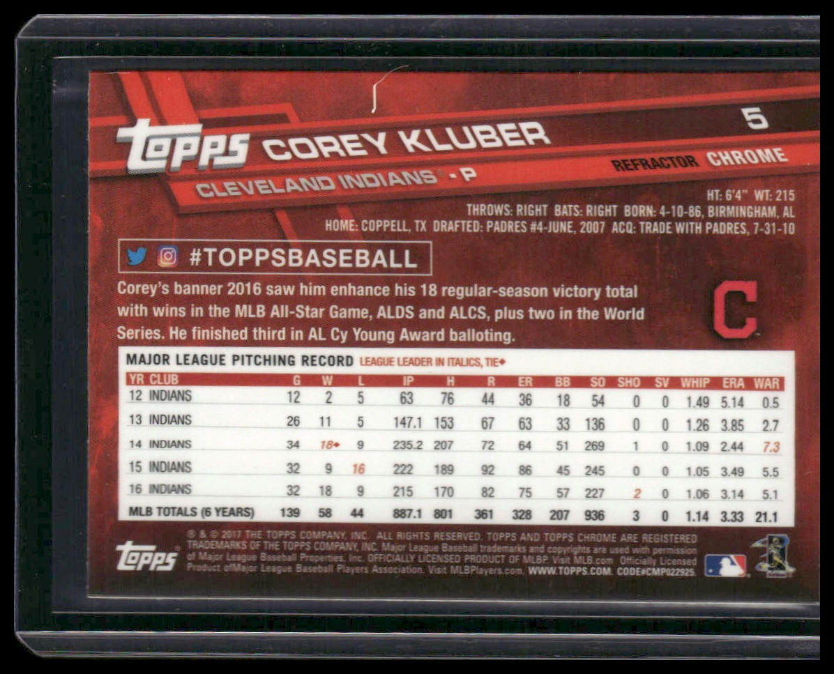 Corey Kluber #5 2017 Topps Chrome Pink Refractor Cleveland Indians