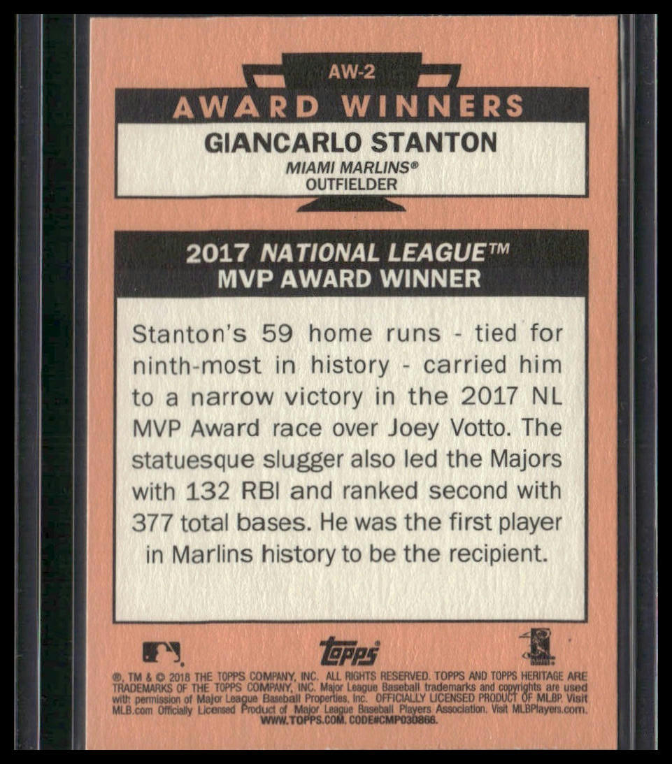 Giancarlo Stanton #AW-2 2018 Topps Heritage Award Winners Miami Marlins