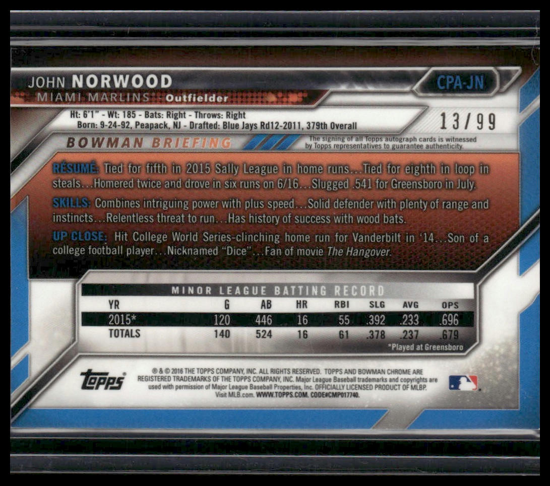 John Norwood #CPA-JN 2016 Bowman Chrome Prospects Auto Green #/99 Miami Marlins