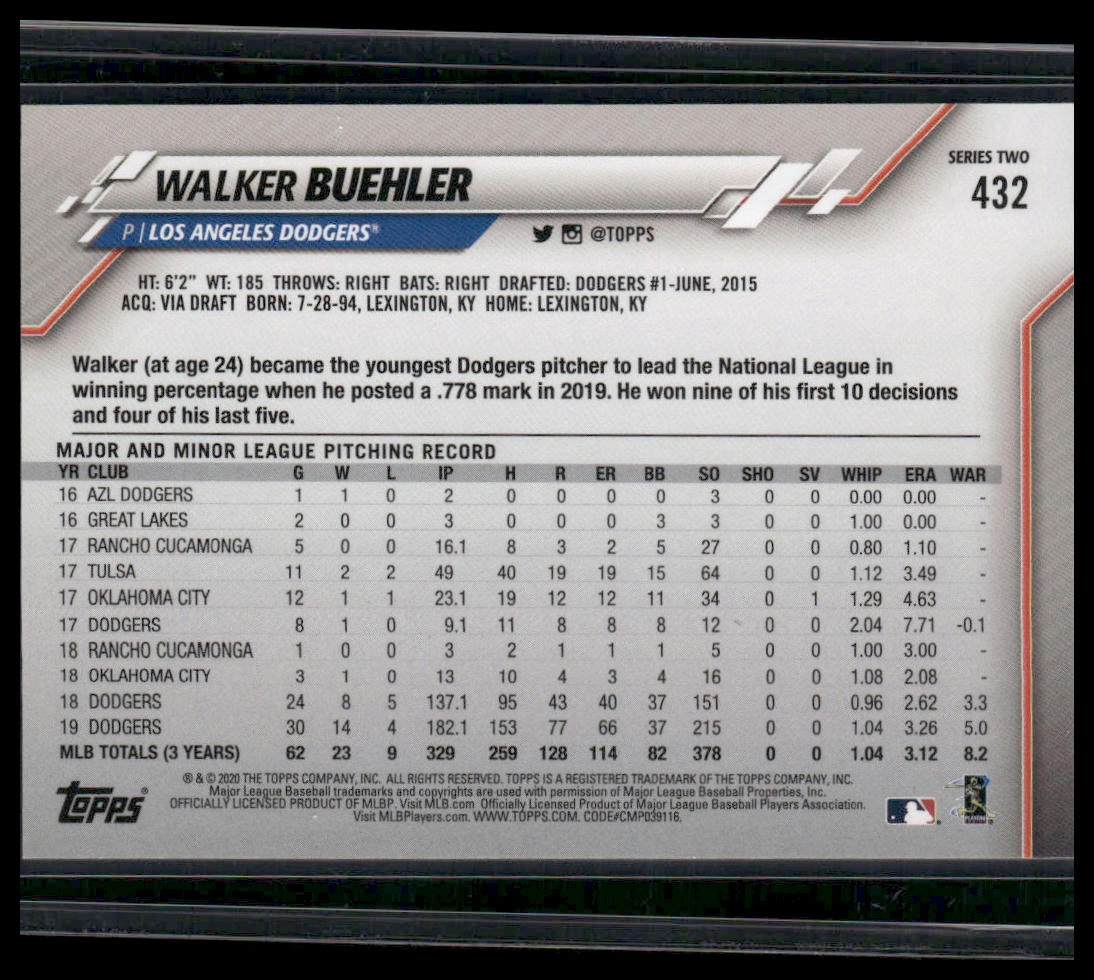 Walker Buehler #432 2020 Topps Los Angeles Dodgers Image Variation Running
