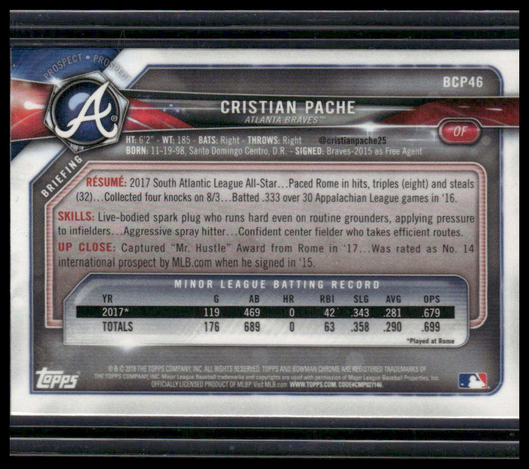 Cristian Pache #BCP46 2018 Bowman Chrome Prospects Atlanta Braves