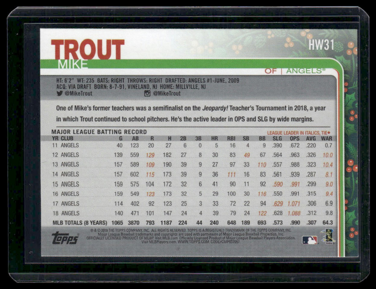 Mike Trout #HW31 2019 Topps Holiday Los Angeles Angels